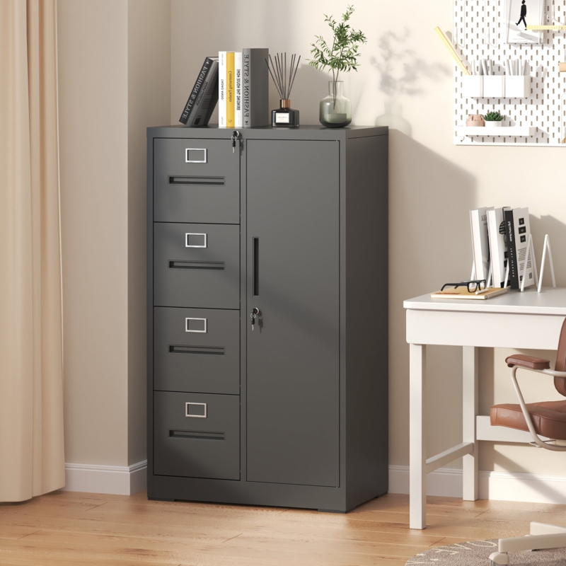 White Vertical File Cabinet with Side Storage Door, Modern Lockable Office Storage