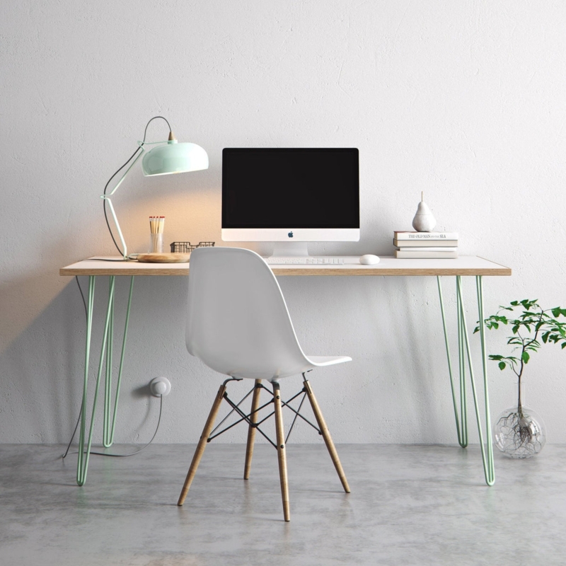 White Writing Desk, Hairpin Legs, with Wire Wall Grid