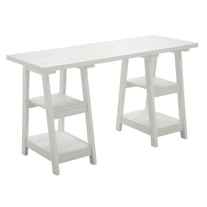 White Writing Desk with Double Trestle Base and Integrated Shelves