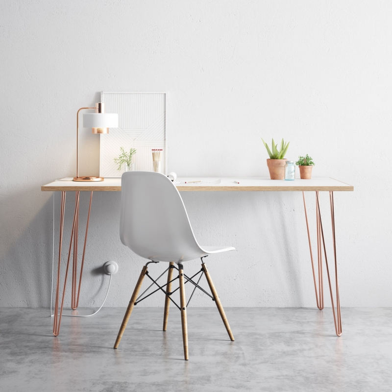 White Writing Desk with Exposed Plywood Edge, Three-Rod Hairpin Legs