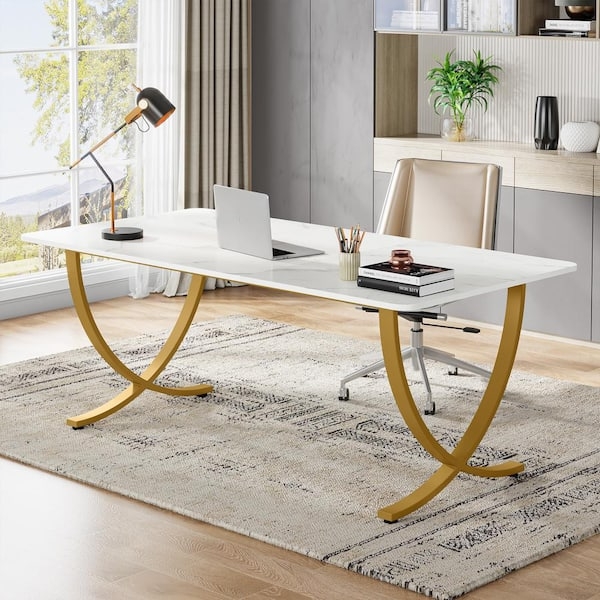 White Writing Desk with Gold Sled Legs, Modern Glam Style