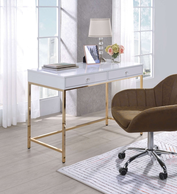White Writing Desk with Gold Tubular Base and Two Drawers