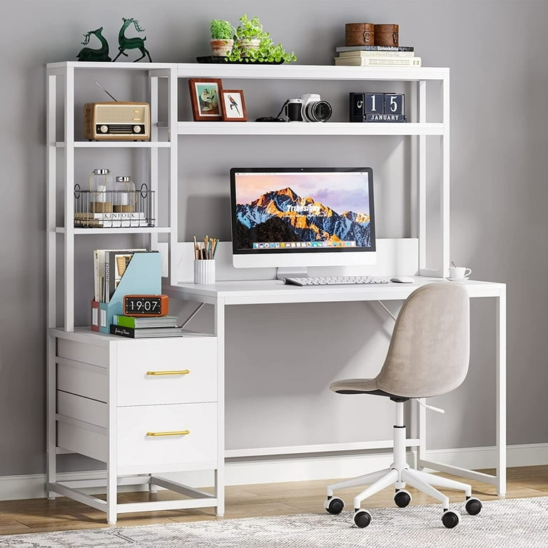 White Writing Desk with Hutch and Gold Hardware for Home Office