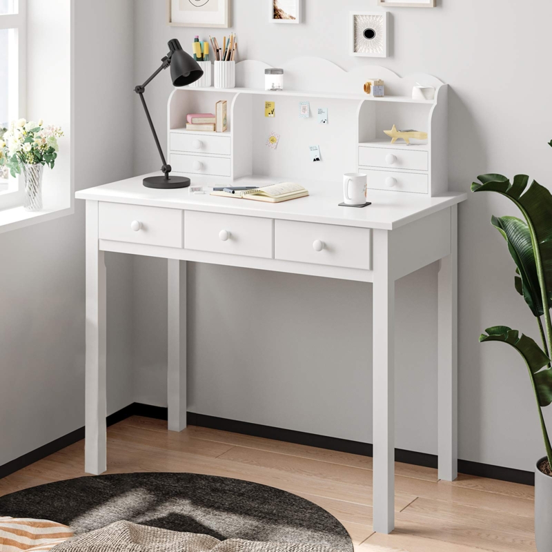 White Writing Desk with Integrated Hutch, Seven Drawers, Wood Legs