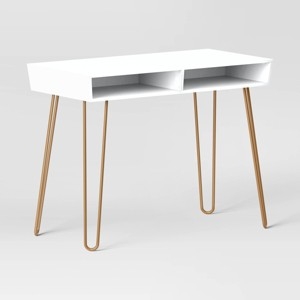 White Writing Desk with Open Cubbies, Black Hairpin Legs