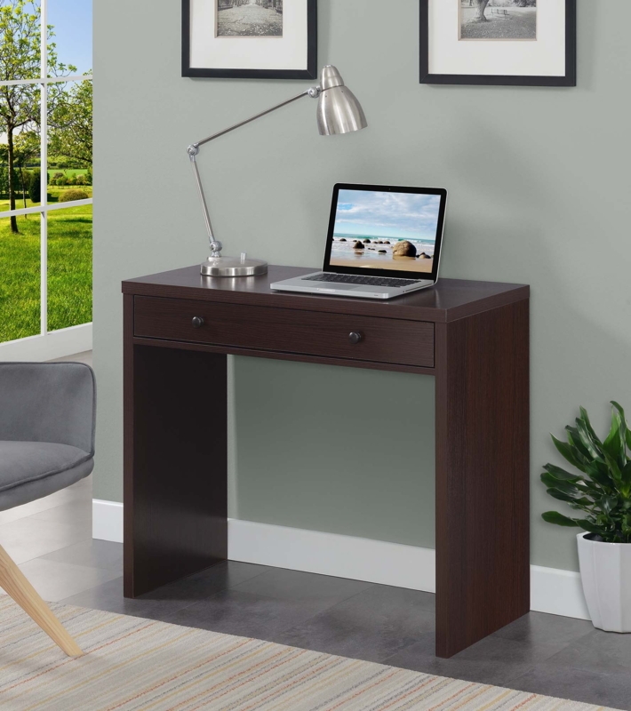White Writing Desk with Single Drawer, Minimalist White Home Office Setup