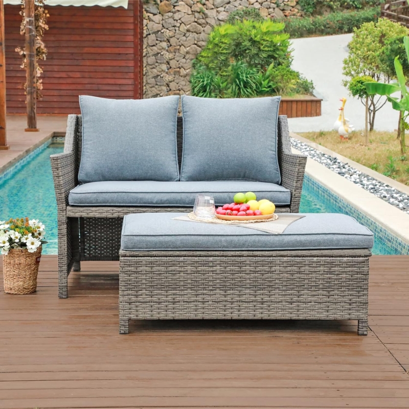 Wicker Loveseat Patio Conversation Set with Integrated Storage Bin