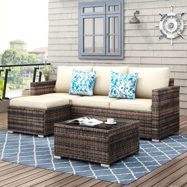 Wicker Outdoor Sectional with Beige Cushions and Compact Design