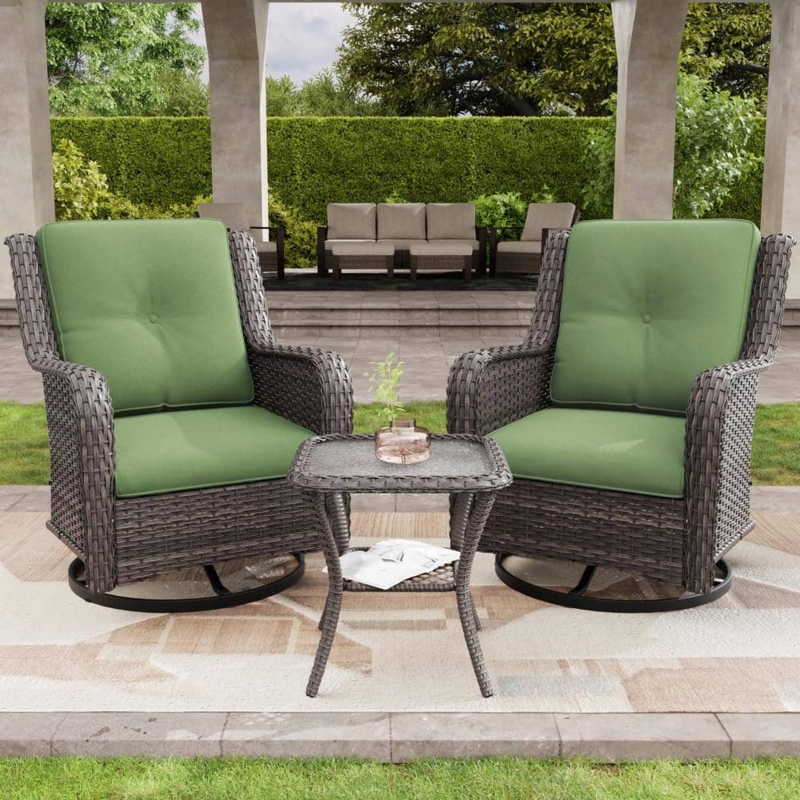Wicker Patio Conversation Set Swivel Rocking Chairs Green Cushions