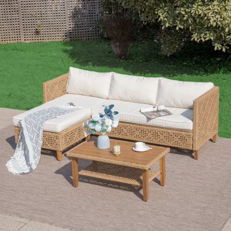 Wicker Patio Conversation Set Woven Frame Wood Table White Cushions