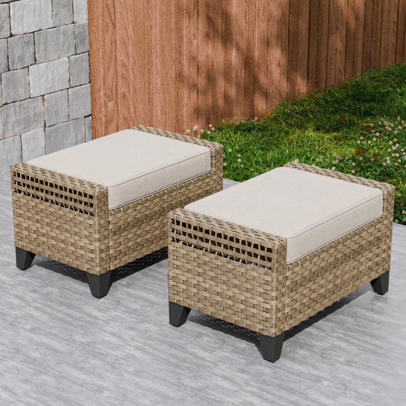 Wicker Patio Footrest with Two-Tone Palette and Gray Cushion