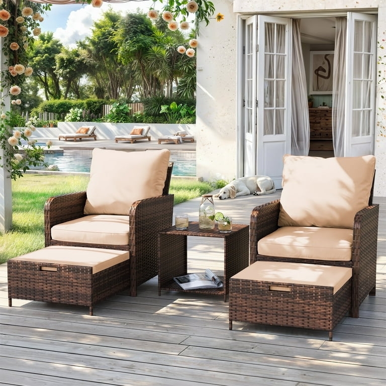 Wicker Patio Furniture Set 5-Piece Lounge Chair with Ottoman Khaki