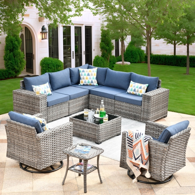 Wicker Patio Seating Group with Integrated Fire Pit & 7-Person Capacity