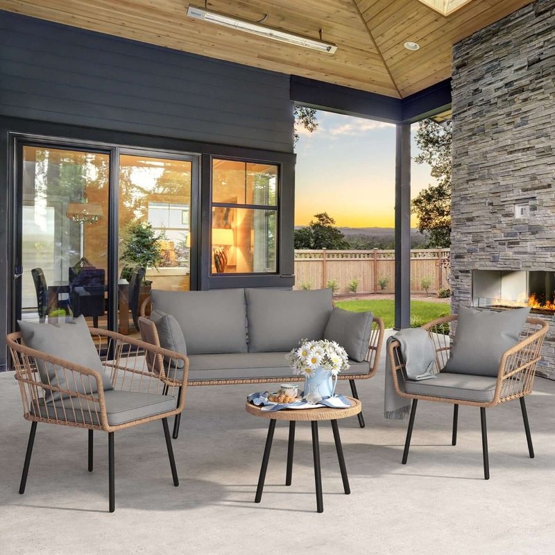 Wicker Patio Set Four Piece Set Charcoal Finish Glass Top Compact Deck.