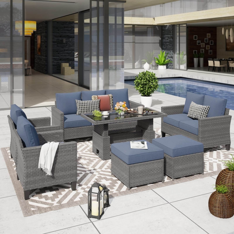 Wicker Sectional with Lift Top Table and Dark Gray Cushions