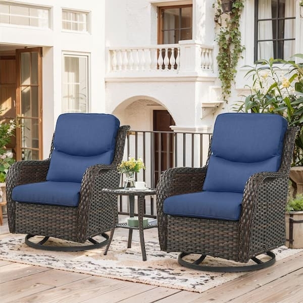 Wicker Swivel Rocker Conversation Set with Blue Cushions.
