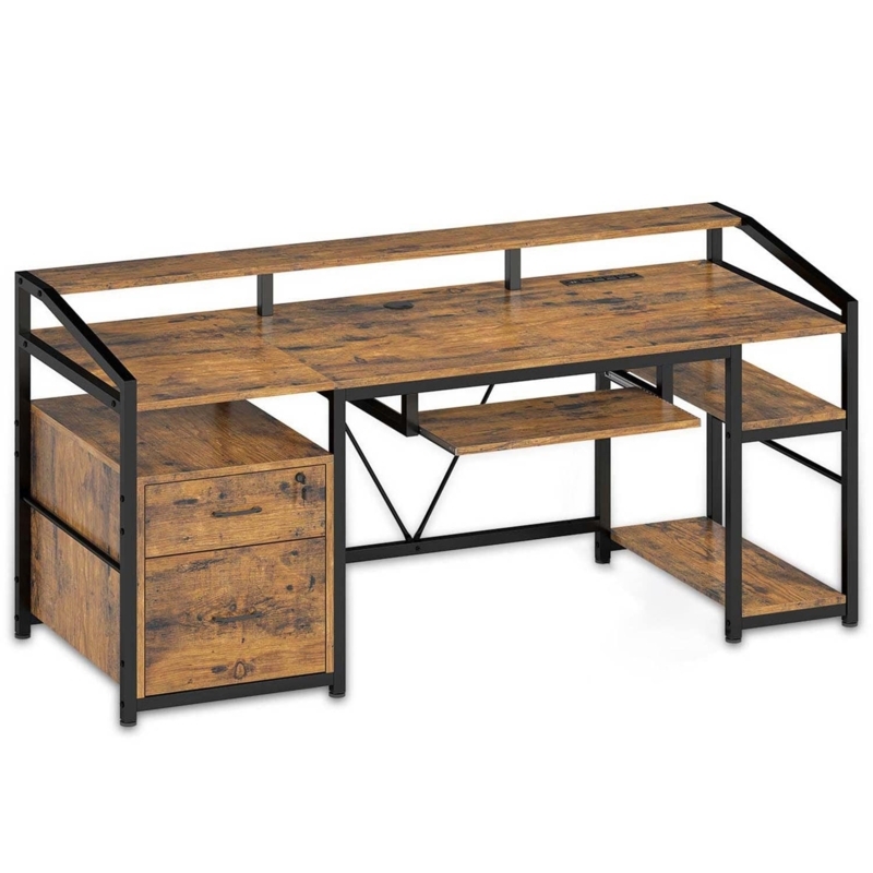 Wide 63-Inch Rustic Brown Gaming Desk with Tiered Monitor Shelf