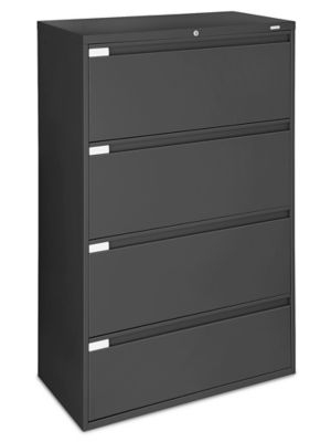 Wide Lateral File Cabinet: Black Metal Four Drawer with Label Holders