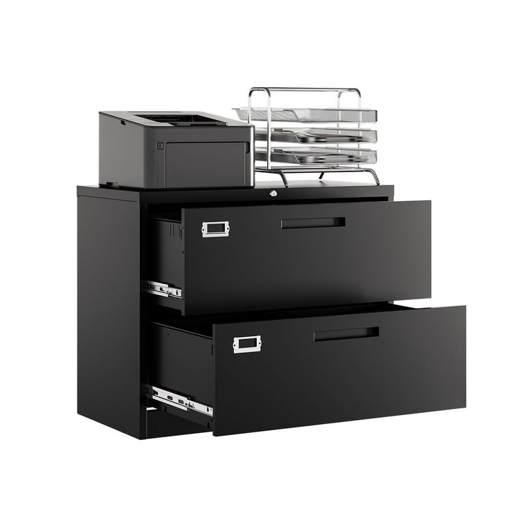 Wide Lateral File Cabinet Black Metal Two Drawer