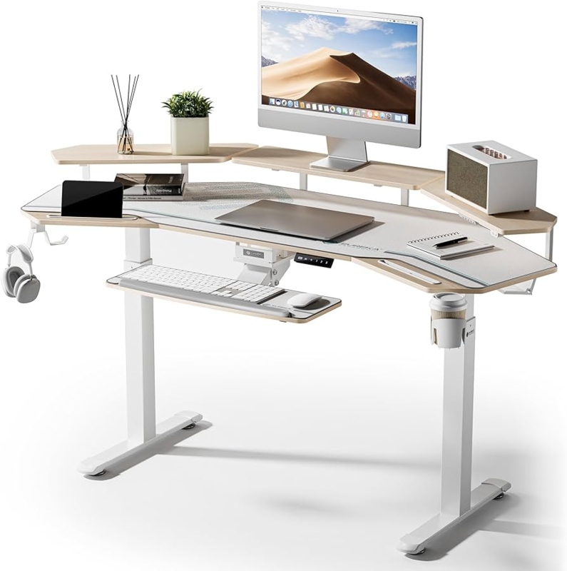 Wing Shaped Standing Gaming Desk, Maple Top with LED Lights