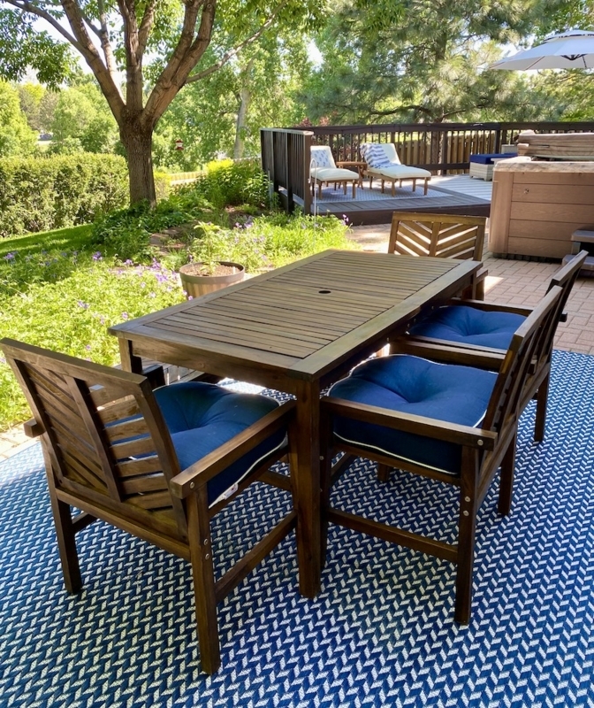Wood and Metal Outdoor Dining Set: Woven Rope Chairs & Slat Top