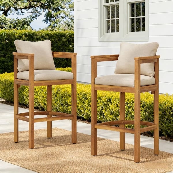 Wood Outdoor Bar Stool with Cushions, Warm Finish, Slatted Back