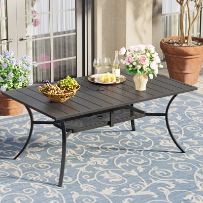 Wood Patio Dining Table, Rectangular Slatted Top with Storage Shelf.
