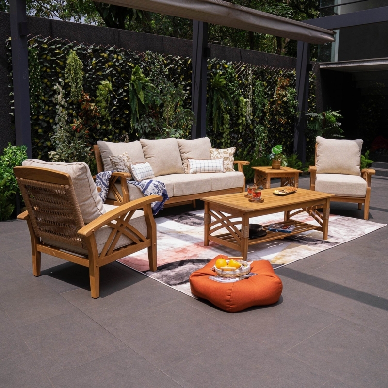 Wood Patio Set Teak Look Square End Table Tan Deck Seating