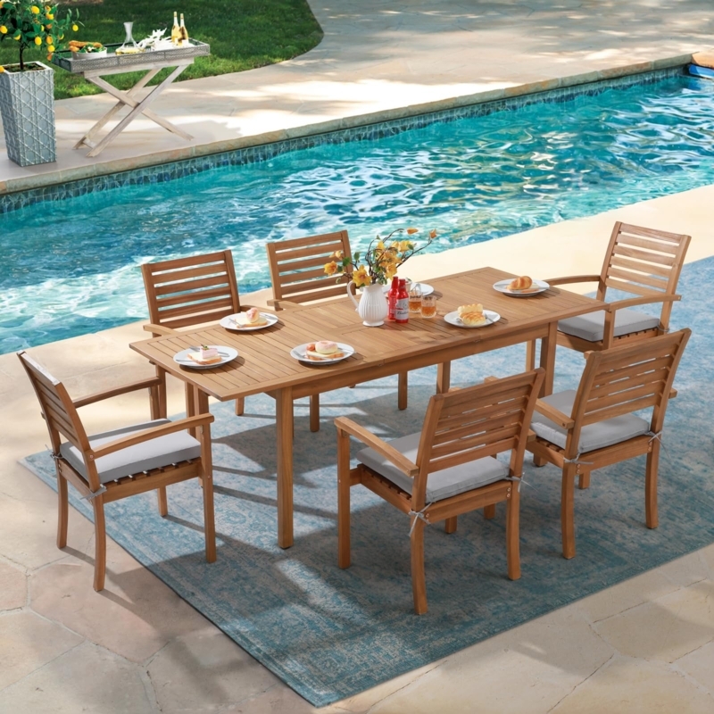 Wood Toned 7-Piece Outdoor Dining Set Slatted Design and Umbrella Hole
