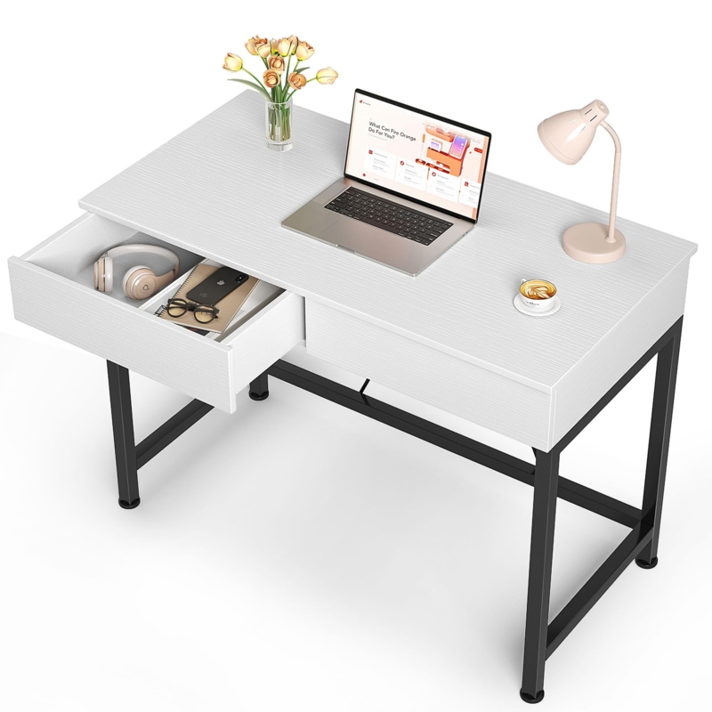 Wood Toned Drawer Writing Desk with Gold Metal Legs