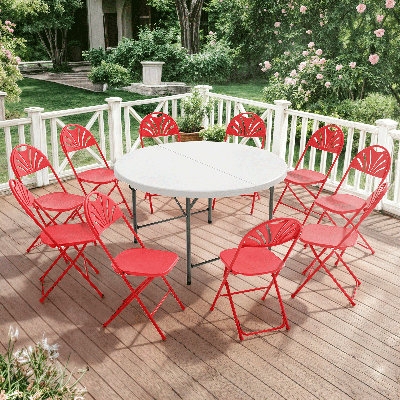 Wood-Toned Patio Dining Set, Rectangular Slatted Folding Chairs for Ten.