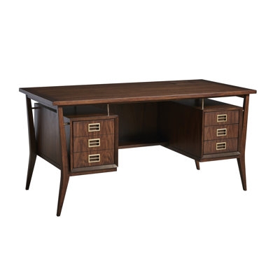 Wood Toned Writing Desk with Two Drawers and Trestle Legs