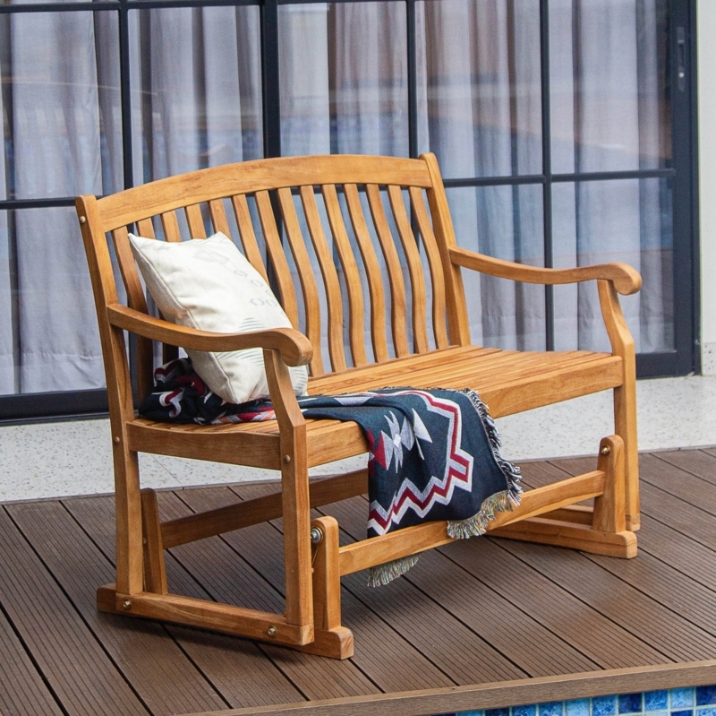 Wooden Glider Bench Honey Brown Teak Appearance Traditional Garden