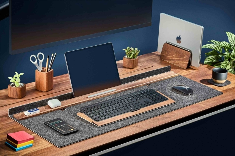 Wooden Standing Desk Setup with Charcoal Wool Felt Pad and Shelf
