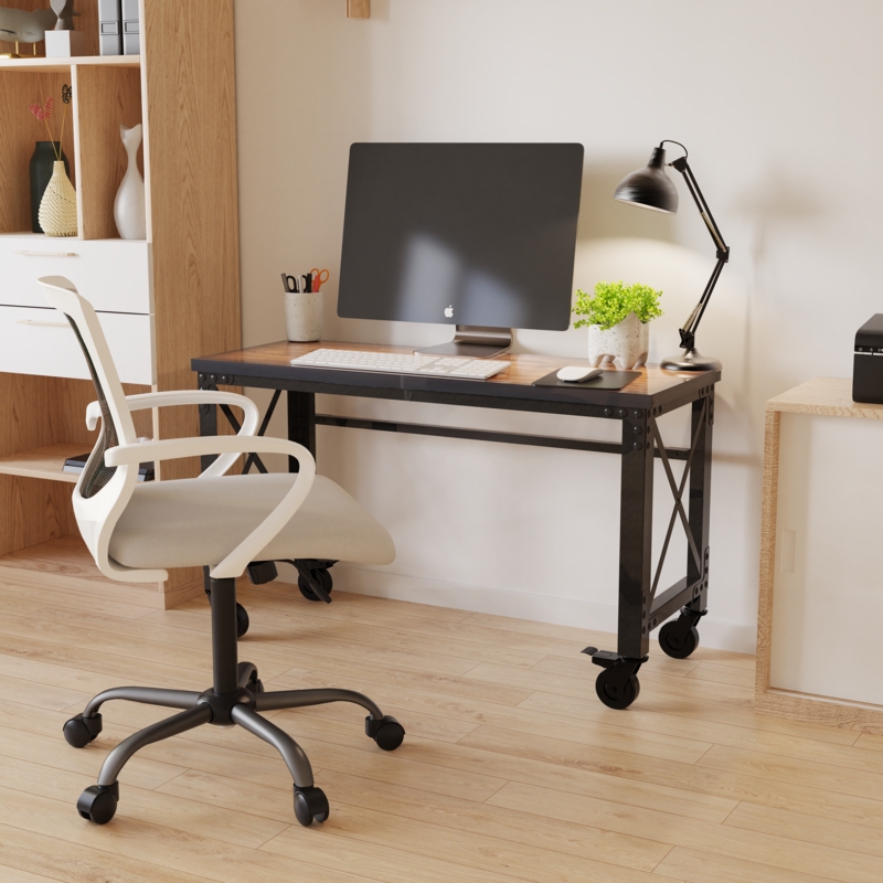 Workbench Industrial Rolling Design, Solid Wood Top, Locking Casters
