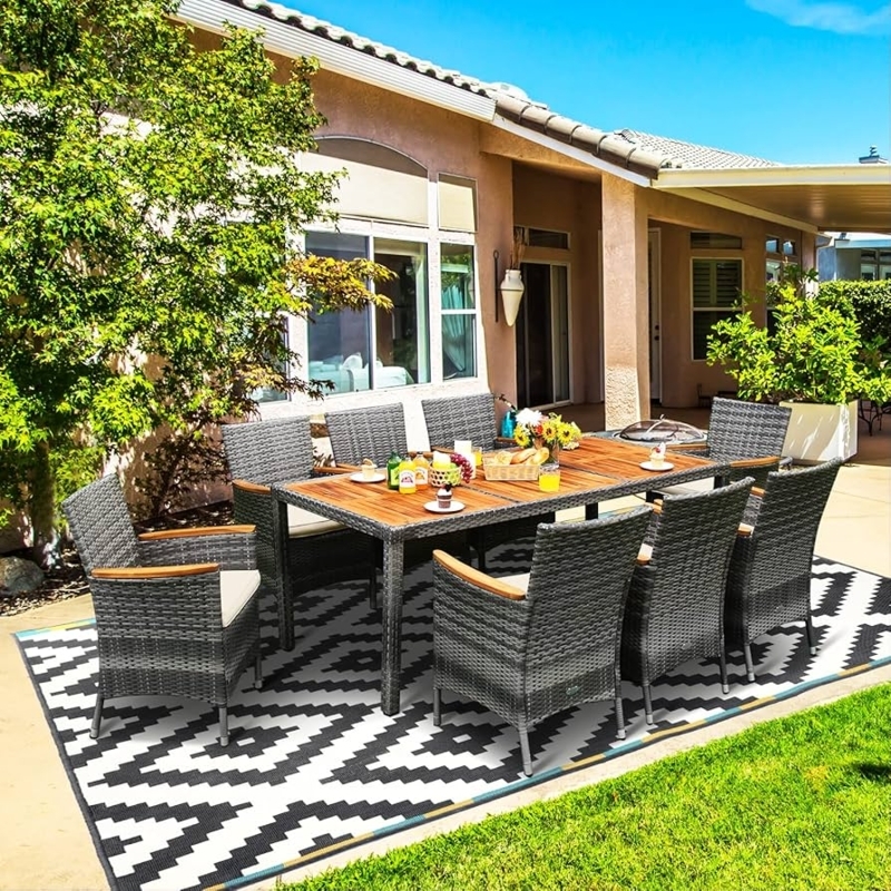 Woven 9-Piece Patio Dining Set Acacia Wood Slat Table Umbrella Hole