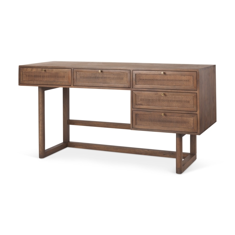 Woven Cane Writing Desk with Three Drawers and Metal Pulls