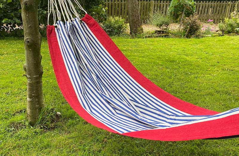 Woven Fabric Hammock with Bold Red, White, and Blue Stripes