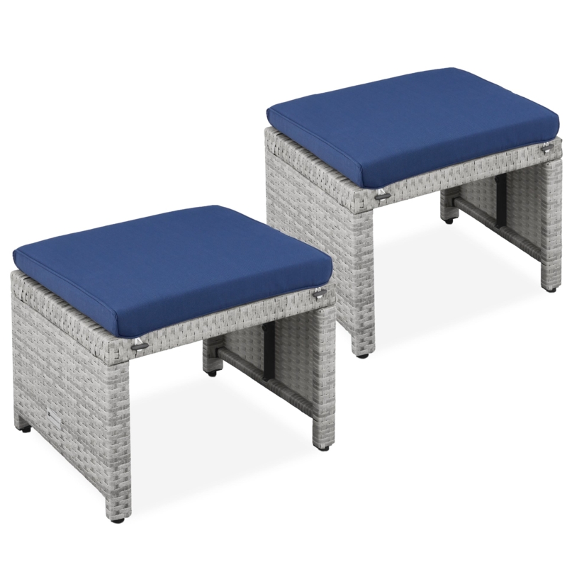 Woven Gray Patio Ottoman Set featuring Navy Cushions for Coastal Style