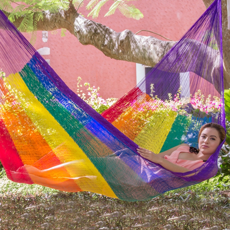 Woven Mayan Hammock with Spreader Bar and Vibrant Stripes