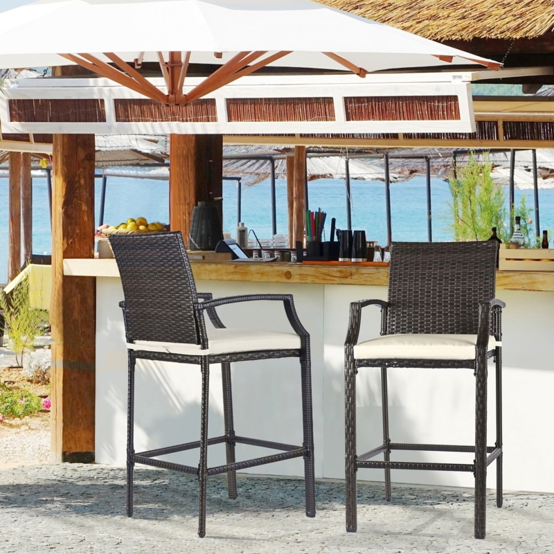 Woven Outdoor Bar Stools with Slim Armrests and Cream Cushions