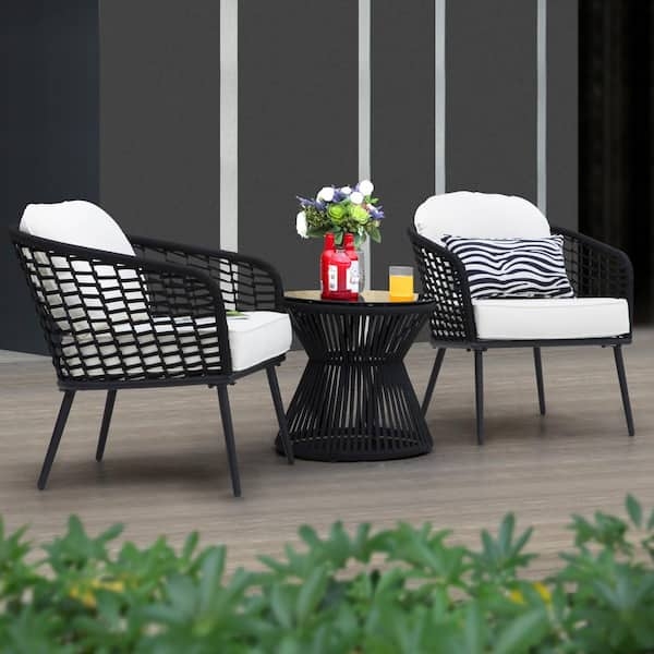 Woven Outdoor Conversation Set: 3-Piece Glass Top White Cushions