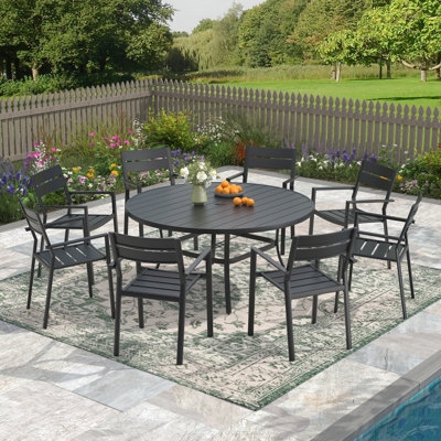 Woven Patio Dining Set, Round Wood-Look Table, 8 Person Modern Coastal.
