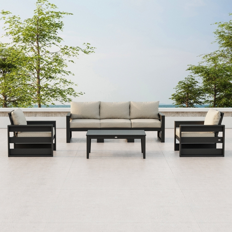 Woven Patio Set Gray Sectional with Glass Flame Guard Fire Pit.