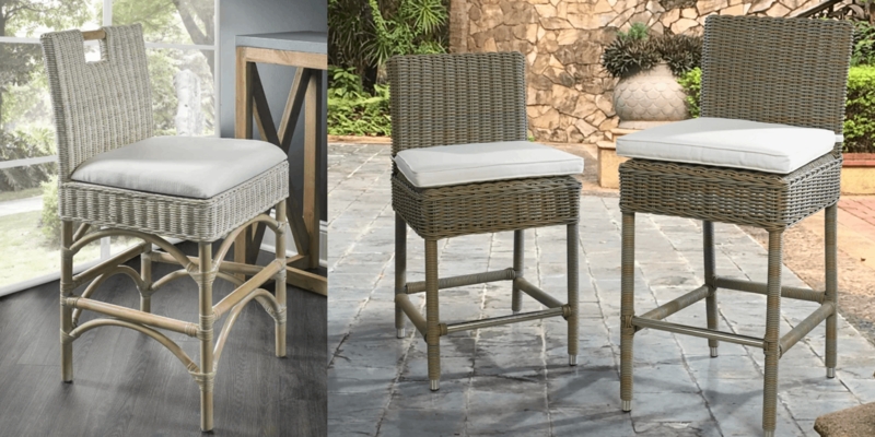 Woven Rattan Bar Stools with Wood Legs for Coastal Kitchen Island Seating