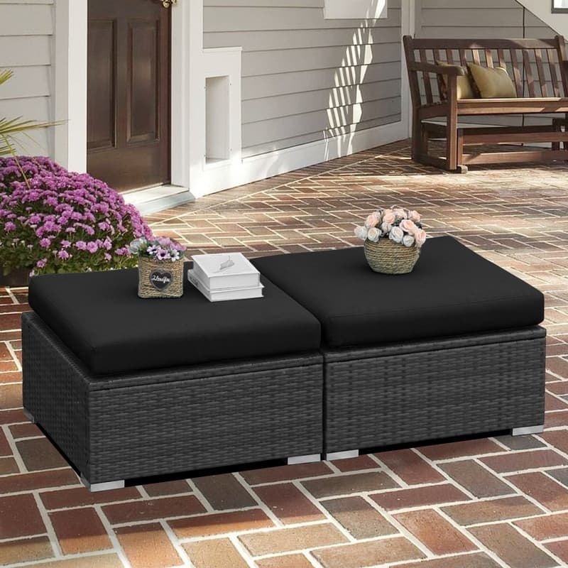 Woven Rattan Outdoor Ottoman with Slim Metal Legs, Square Silhouette