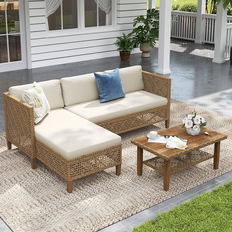Woven Rattan Outdoor Sectional Sofa Set with Slatted Wood Top