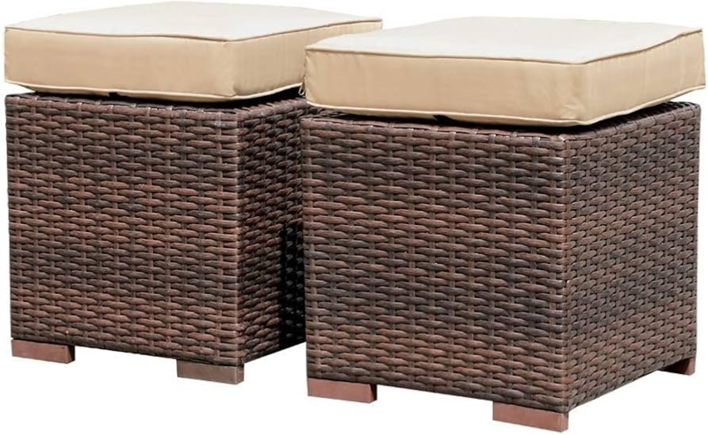 Woven Rattan Patio Ottoman with Beige Cushion for Poolside Styling