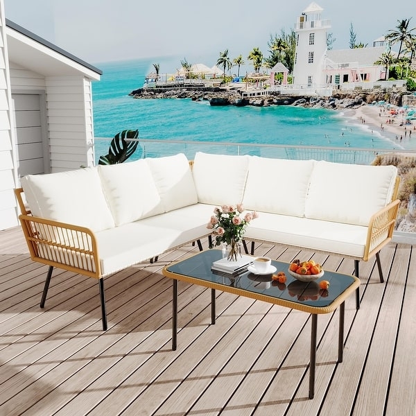 Woven Rattan Sectional Sofa with Wood Slat Table Top and Boho Style