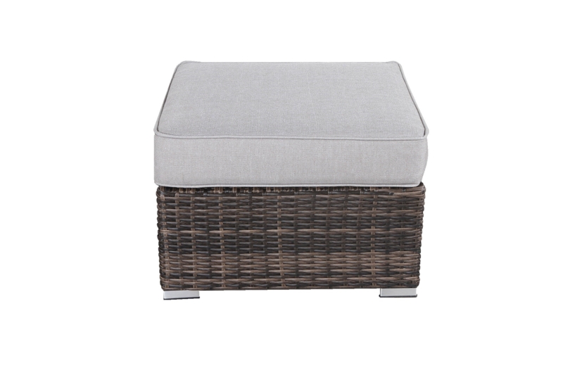 Woven Resin Wicker Outdoor Ottoman with Thick Gray Cushion Accent